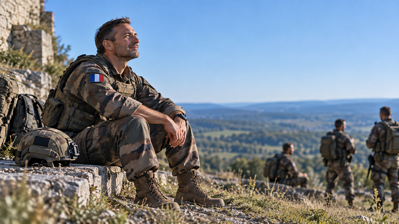 Un soldat assis devant un paysage ouvert