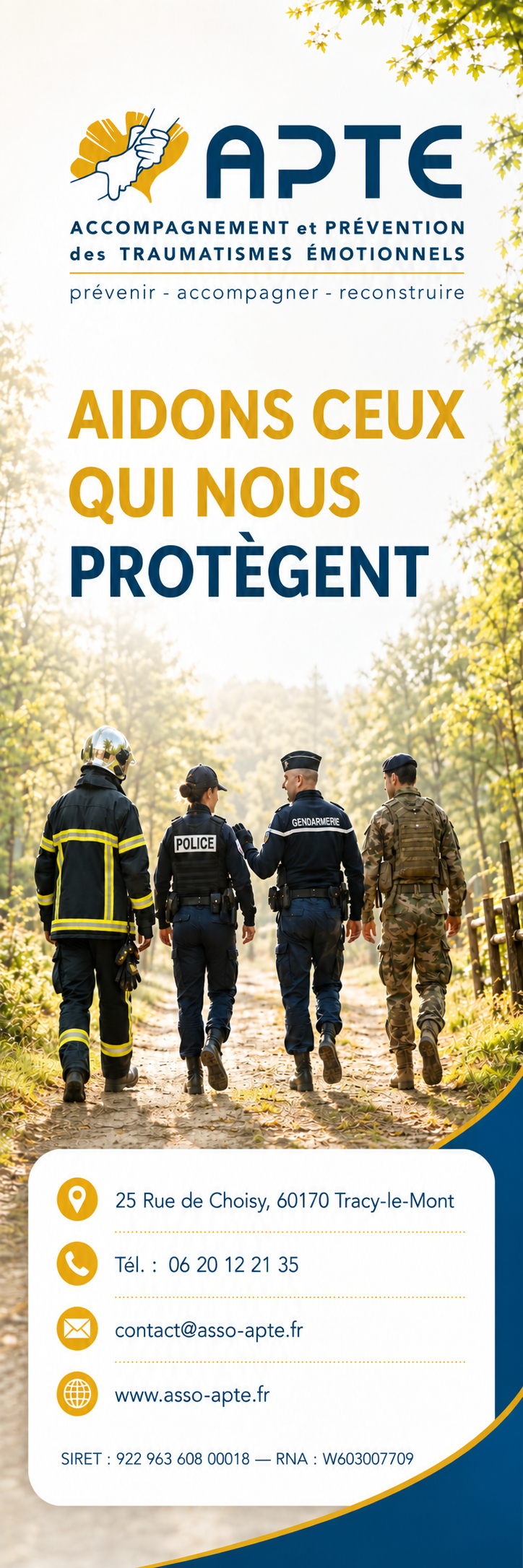 Personnels de secours et de sécurité réunis sur un chemin arboré
