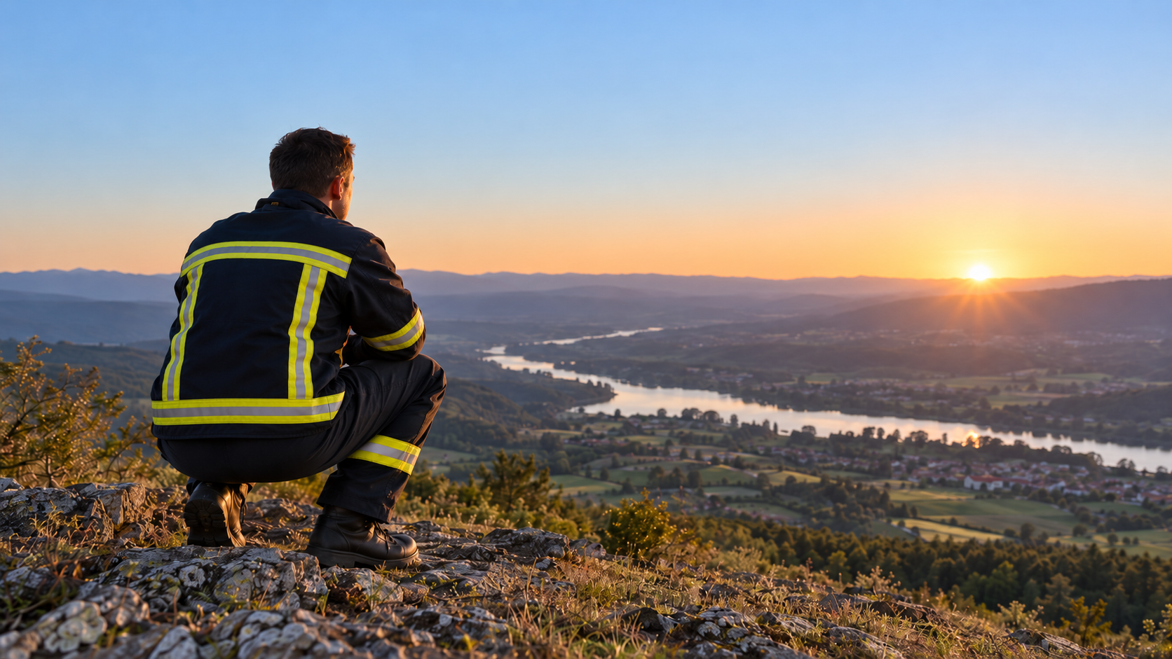 Un sapeur-pompier face à un paysage au coucher du soleil